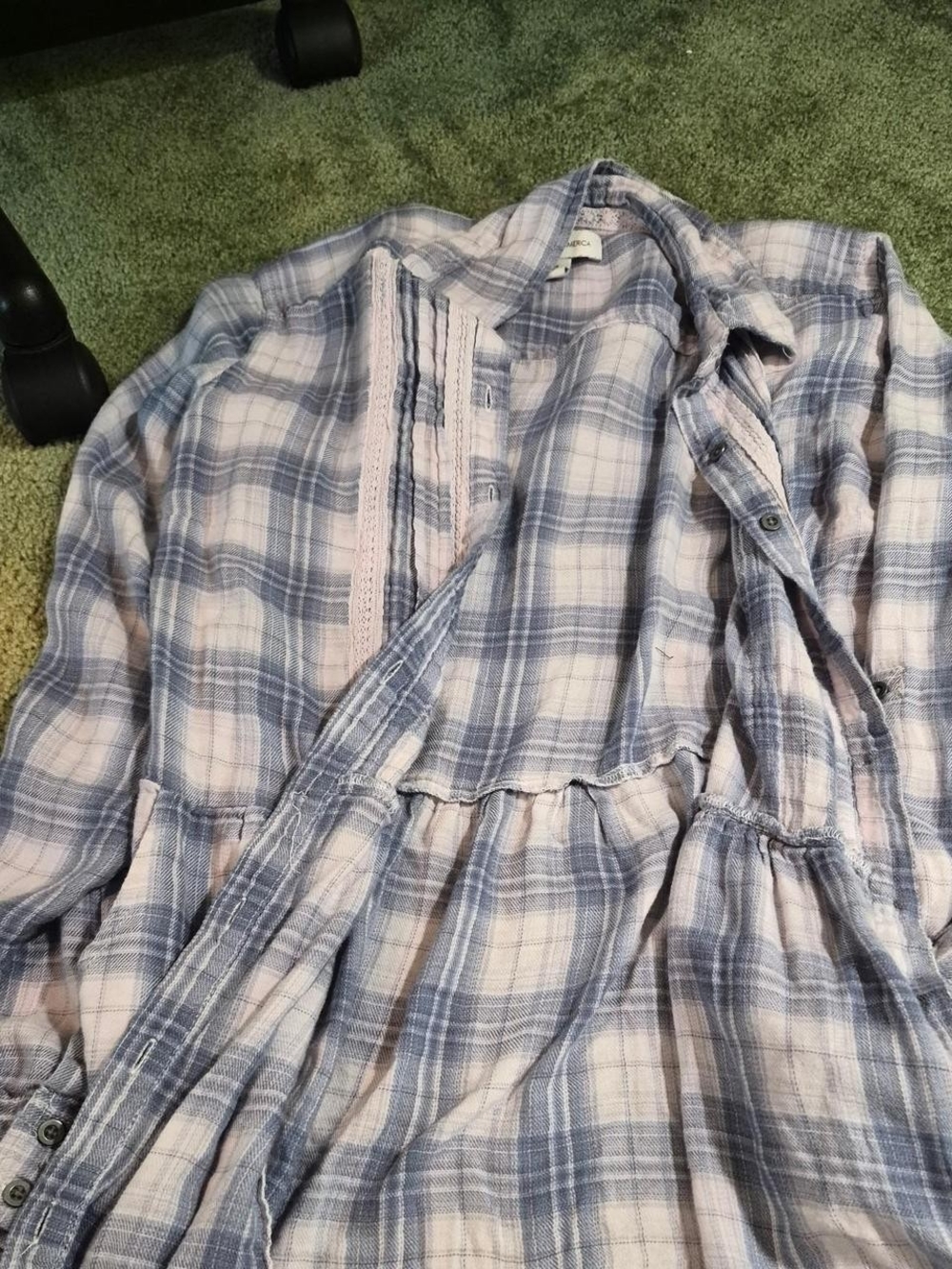 Vintage America Blue and Pink Plaid Tiered Blouse